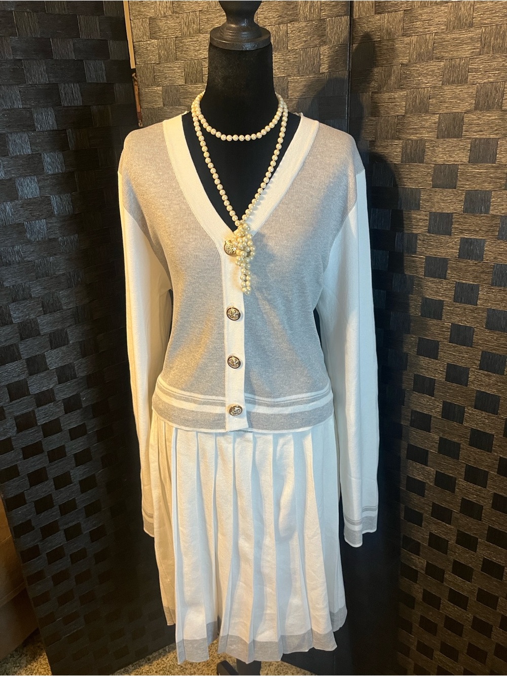 Ivory V-Neck Button Cardigan and Pleated Skirt Set